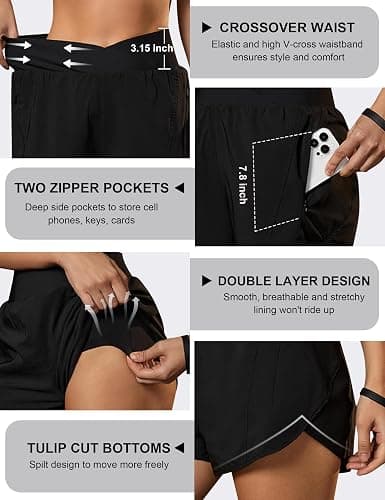 Blooming Jelly Women's Workout Shorts Athletic Running Shorts Crossover High Waisted Gym Shorts with Zipper Pockets thumbnail 5