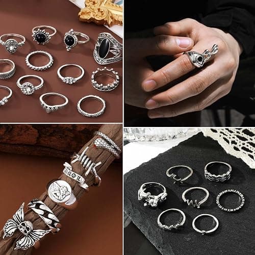 17IF 26-35 Pcs Vintage Silver Knuckle Rings Set for Women Men, Grunge Gothic Rings Chunky Aesthetic Snake Stackable Adjustable Punk Bulky Finger Alt Fairy Skull Frog Heart Star Flower Midi Ring Pack thumbnail 4