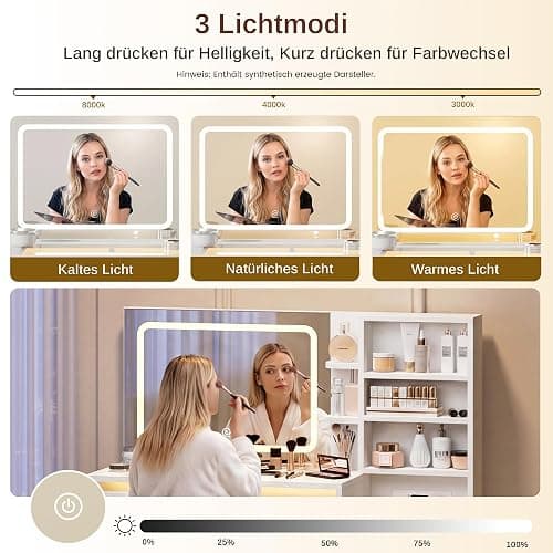 IRONCK Schminktisch mit LED-Beleuchtung, Glasplatte, Hocker & Steckdose | Schminktisch mit Spiegel, 5 Schubladen, offene Fächer, verstellbare Ablagen, 2 AC, USB-A & USB-C Anschluss, Weiß thumbnail 3