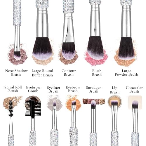 Nuogo 13 Pcs Rhinestone Makeup Brushes Set 12 Bling Crystal Professional Face Cosmetics Blending Liquid Foundation Powder Concealer Eye Shadows Make up Beauty Tool Glitter with 1 Holder thumbnail 3