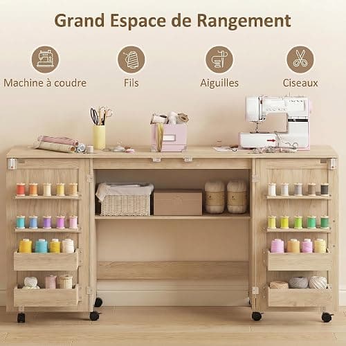 HOMCOM Table de Couture Pliante à roulettes 2 Portes Magnétiques Chêne | Meuble Couture, 4 Bacs, 20 Crochets, Étagère de Rangement, Meuble Machine à Coudre pour Salon Bureau Studio thumbnail 4
