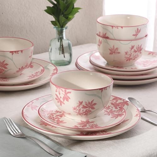 Gibson Home Admiral Hall 12-Piece Matte Stoneware Dinnerware Set – Dinner Plates, Salad Plates & Bowls with Pink Floral Pattern, Durable Everyday Dish Set, Microwave & Dishwasher Safe thumbnail 2