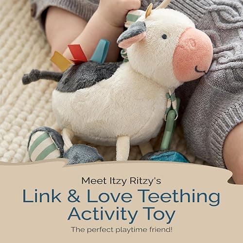Itzy Ritzy Link & Love Toy for Stroller or Car Seat – Features Textured Ribbons, Crinkle Sounds, Clinking Rings & Silicone Teether – Designed for Ages 0 Months and Up (Cow) thumbnail 3