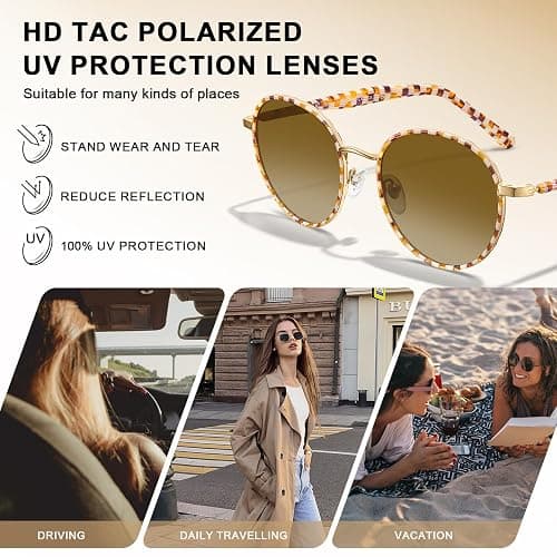 CARFIA Retro Round Polarized Sunglasses for Women UV Protection Acetate Arms Metal Frame Driving Glasses thumbnail 7