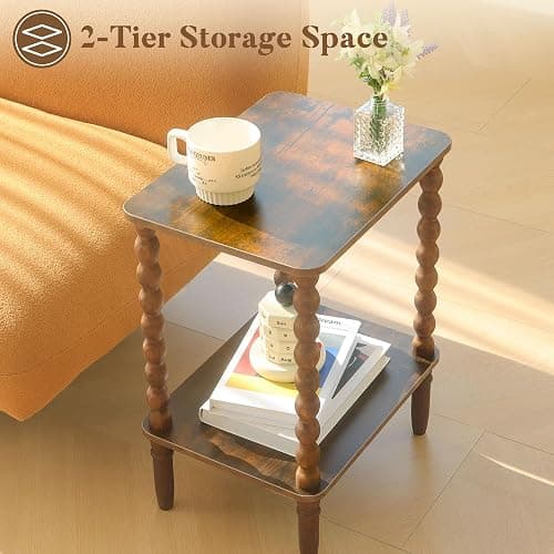Fultyle Side Table, Small End Table with Storage Shelf, 2-Tier Small Coffee Tables Living Room for Bedroom, Narrow Spaces (Rustic Brown) thumbnail 5