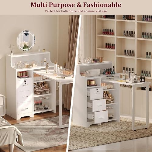 WLLPNG Foldable Nail Desk for Nail Tech, Portable Manicure Table, L Shape Nail Table with Power Outlets & Lockable Drawer & Shelves, Professional Nail Tech Workstation for Home Salon (White) thumbnail 7