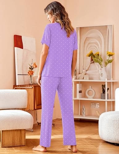 Avidlove Women Pajamas Set Notch Collar Soft Sleepwear Pjs Short Sleeve Button Down Nightwear with Long Pants thumbnail 3