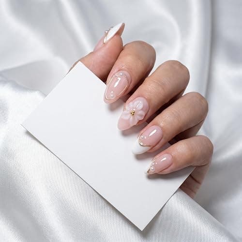 EasierGlow 10 Pcs Handmade Short Almond Press On Nails - Easy Apply & Remove, Reusable Salon Quality | Pink French Press Ons with 3D Flower, Gold Line & Pearl Accents (1TA25, S) thumbnail 3