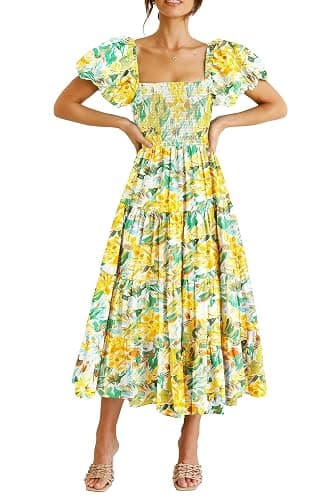 PRETTYGARDEN Women's Smocked Midi Wedding Guest Dress | Puff Short Sleeve, Square Neck A Line, Tiered Ruffle Hem, Long Dresses, Beach Vacation, Cocktail Party, Summer Outfits - Image 1