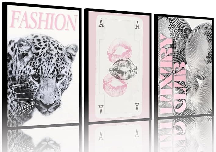Pink Trendy Leopard Preppy Wall Art Funky Black Cheetah Picture Wall Decor Luxury Club Fashion Disco Ball Ace of Spades Painting Aesthetic Poster Print Artwork for Living Room Bedroom Dorm Apartment - Image 1