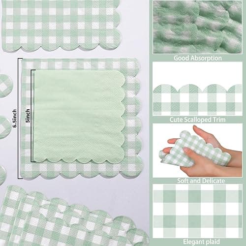 80 Pcs Sage Green Gingham Paper Napkins 6.5 Inch Green and White Paper Napkins Disposable Scalloped Napkin for Baby & Bridal Shower, Wedding, Birthday, Picnic, Easter Party thumbnail 3