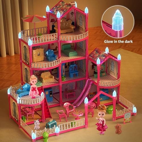 Pupu Pig Doll House Toys for Girls, Dollhouse with Glow in The Dark, Kids Doll House Playset with 4-Story 14 Play Areas, 2 Dolls, Toy Dogs, Dollhouse Accessories and Furniture, Princess Toy Gifts thumbnail 4