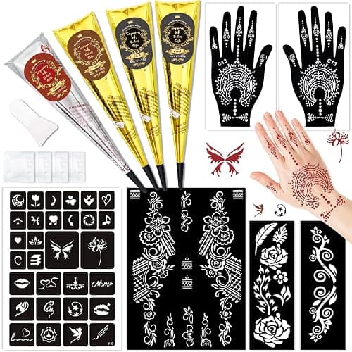 InkForge Temporary Stencils Tattoos Kit, 4 Pcs Tattoo Cones 3 Color (2 Black 1 Maroon 1 Cherry Red) with Gloves Brush Tool,DIY Body Art Skin Painting Designs for Women Men Kids Party Gifts - Image 1