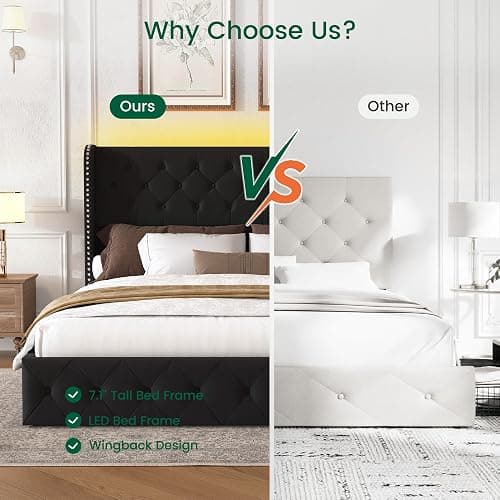 LARMACE King Size Bed Frame with LED Lights and 4 Storage Drawers Velvet Upholstered Platform Bed Frame with 47.2" Tall Tufted Headboard Wingback, No Box Spring Needed, Easy to Assemble, Black thumbnail 6