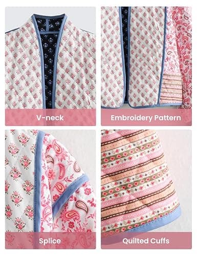Wyeysyt Women's Cropped Puffer Quilted Jacket Cardigan Floral Printed Lightweight Long Sleeve Open Front Short Padded Coats thumbnail 7