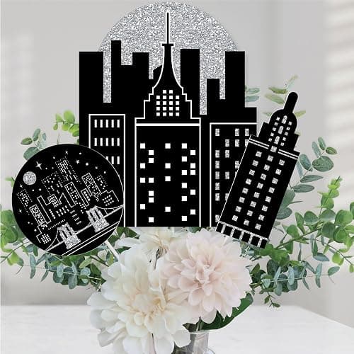 Nighttime City Skyline Party Centerpiece Sticks - Table Toppers - 15pc | Black & Silver Table Decorations, 3 Unique Cityscape Themed Shapes, Sticks and Stickers Included, USA-made - Image 1