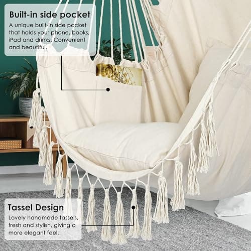 Y- STOP Hammock Chair Hanging Rope Swing, Max 500 Lbs, 2 Cushions Included, Large Macrame Hanging Chair with Pocket for Superior Comfort, with Hardware Kit (Beige) thumbnail 4