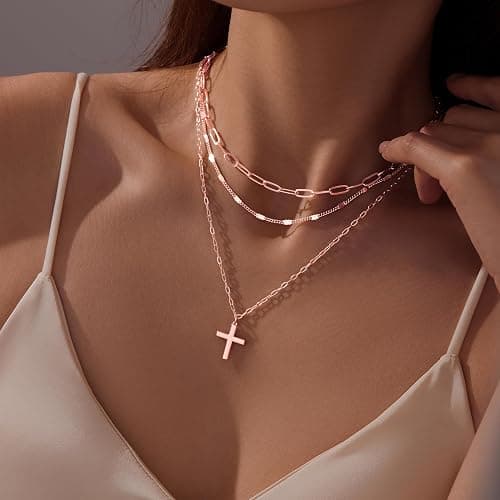 Poxtex Layered Gold Necklaces for Women,Stackable Dainty 14K Gold Silver Plated Trendy Circle Paperclip Chain Pendant Choker Necklace,Simpl Diamond Cross Bow Jewelry Set Gifts for Women thumbnail 3