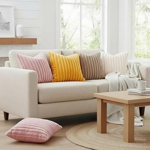decorUhome Fall Faux Fur Throw Pillow Covers 18x18 Set of 2 Cream White | Decorative Soft Cozy Striped Plush Modern Farmhouse Boho Couch Pillow Cases Velvet Back for Sofa Bed Living Room Home Decor thumbnail 5