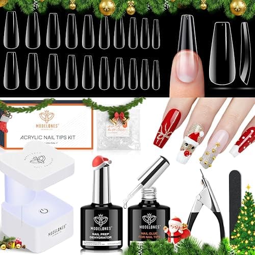 modelones Gel Nail Kit, Fake Nails Long Coffin, 9-in-One Glue Prep Dehydrator & Portable Mini U V Light Acrylic Clipper, 500Pcs Coffin Tips for Extension Kit DIY Salon Home Gifts for Women - Image 1