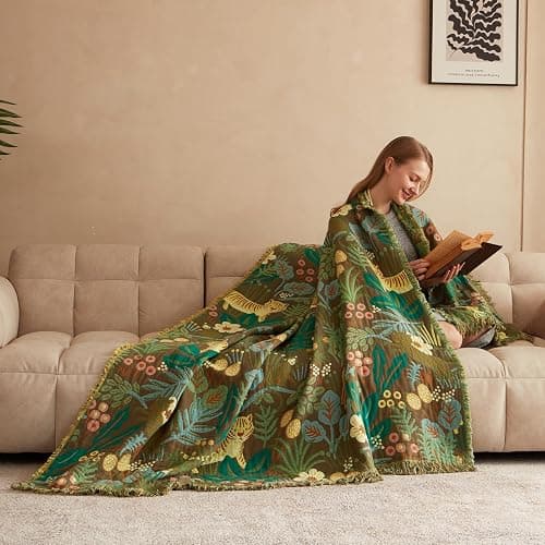 Boho Throw Blanket for Bed 100% Cotton Soft Lightweight Quilt Blanket Twin Forest Tiger Embroidery Home Decor Breathable Bed Blankets,60"×80" All Season Throw for Sofa Couch Chair thumbnail 10