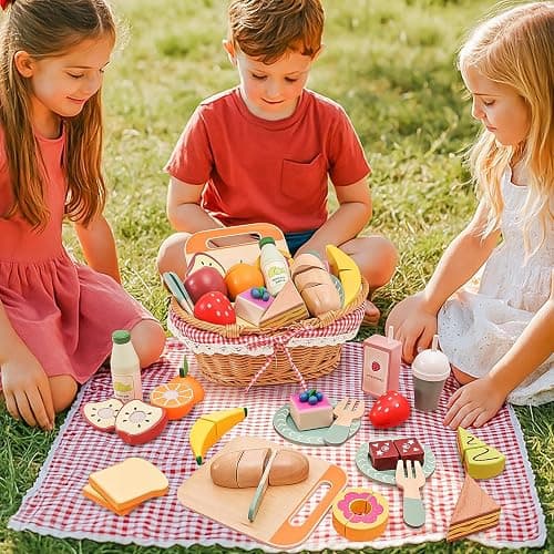 HAPGFS Wooden Picnic Basket Toy Set with Realistic Play Food - Kids Pretend Play Kitchen Accessories for Toddlers 3-8, Wood Play Food for Imaginative Tea Party & Outdoor Fun thumbnail 2