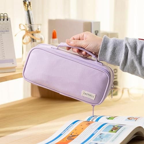 EASTHILL Large Capacity Pencil Case Pen Pouch Organizer Canvas Pencil Bag with Handle School Supplies for Teen Girls-Purple thumbnail 6