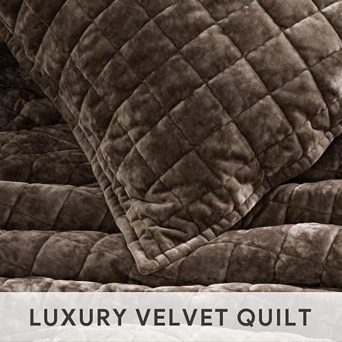 RECYCO Luxury Velvet Quilt Set King Size Bedding Sets, Ultra Soft Velvet Comforter Set, Lightweight Channel Box Stitch Oversized Bedspread Coverlet for All Season, with 2 Shams, Walnut Brown thumbnail 5