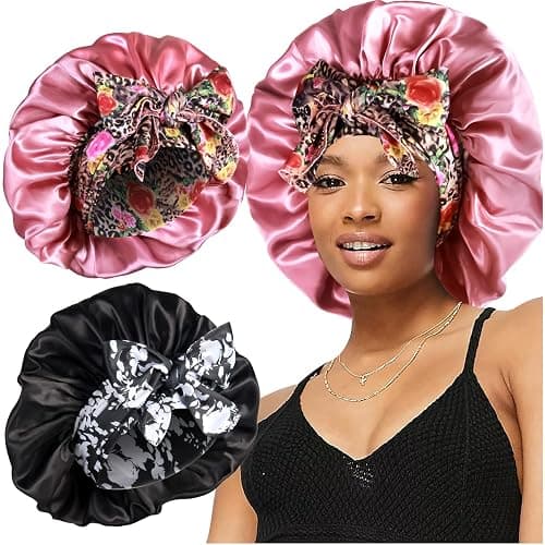 2pcs Large Silky Bonnets with tie Band Braid Bonnet, Satin Bonnet for Sleeping Curly Hair, A - Image 1