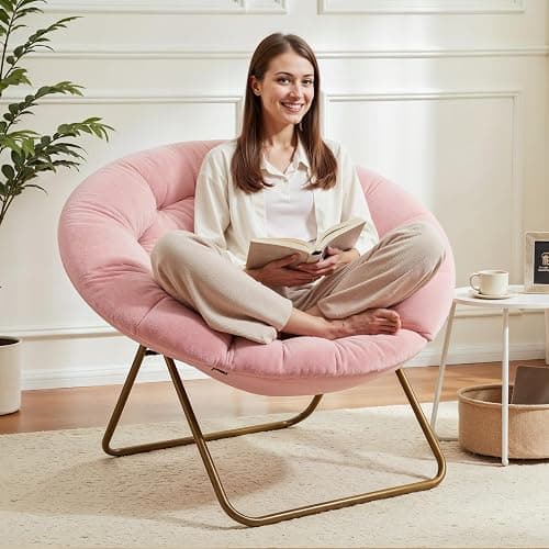 YSSOA Saucer Chair, Comfy Faux Fur Chair for Bedroom, Saucer Chairs for Adults, Teens, Round Shaped Moon Chair with Foldable Metal Frame, Pink thumbnail 2