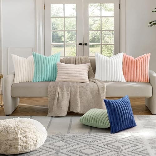decorUhome Faux Fur Christmas Throw Pillow Covers 18x18 Set of 2, Decorative Soft Plush Striped Neutral Couch Euro Pillow Covers with Velvet Back for Sofa, Bed, Living Room Home Decor, Blue thumbnail 7