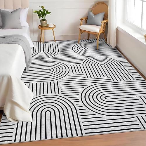 ROYHOME Washable Rug 5x7 Area Rugs for Living Room, Abstract Rug for Bedroom, Soft Rainbow Non Slip Rugs with Rubber Back, Low Pile Stain Resistant Boho Geometric Carpet for Dining Room, Blackwhite thumbnail 2