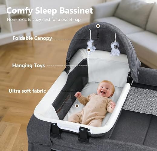 Kinder King 4 in 1 Foldable Pack and Play with Bassinet & Changing Table, Portable Playard for Babies and Toddlers, Adjustable Canopy, Storage Bag, Light Gray thumbnail 5