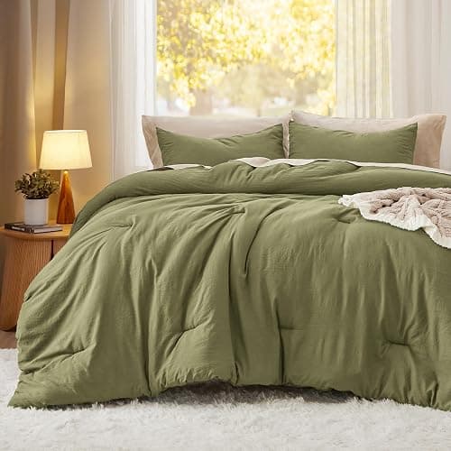 Bedsure King Size Comforter Set, Olive Green Soft Prewashed Bedding for All Seasons, 3 Pieces GentleSoft™ Warm Down Alternative Bed Set, 1 Lightweight Comforter (104"x90") and 2 Pillowcases (20"x36") thumbnail 2
