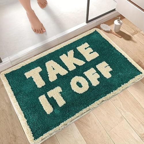 Bazasa Cute Bath Mat 32"×20" Green Bathroom Rugs with Off-White Letter Take It Off Funny Bath Rugs Machine Washable Shower Rug Non Slip Absorbent Microfiber Mats for Bathroom, Shower, Bathtub - Image 1