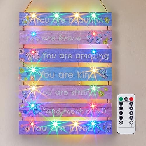 FIOBEE Girls Room Decor LED Light Wood Wall Motivational Sign Art for Kids | Bedroom Wall Art Decor, Inspirational Sayings, 8 Modes Glowing Lightup, Princess Posters, Studyroom Decoration - Image 1
