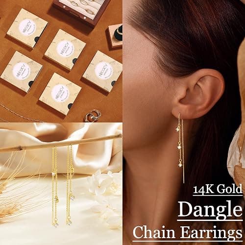 NECOCY Christmas Gift 14K Gold/Silver Plated Dangle Earrings for Women Dainty Long Hanging Chain Earrings Trendy Dangling CZ/Pearl Threader Earrings for Women Jewelry thumbnail 5