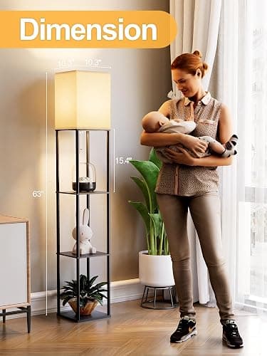 Floor Lamp with Shelves for Living Room, Shelf Floor Lamp with 3 CCT LED Bulb, Corner Display Standing Column Lamp Etagere Organizer Tower Nightstand with White Linen Shade for Bedroom, Office thumbnail 3