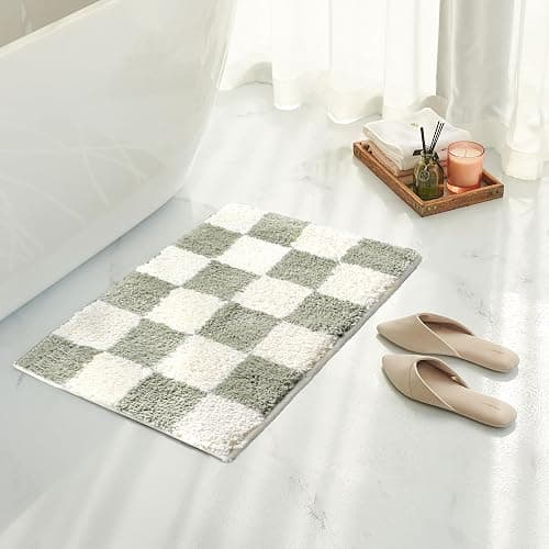 Tititex Luxury Sage Green Beige Checkered Grid Bathroom Rug, 16"x24" Classic Checkerboard Extra Soft and Absorbent Microfiber Bath Rugs, Non-Slip Plush Shaggy Bath Carpet for Bathroom Floor - Image 1