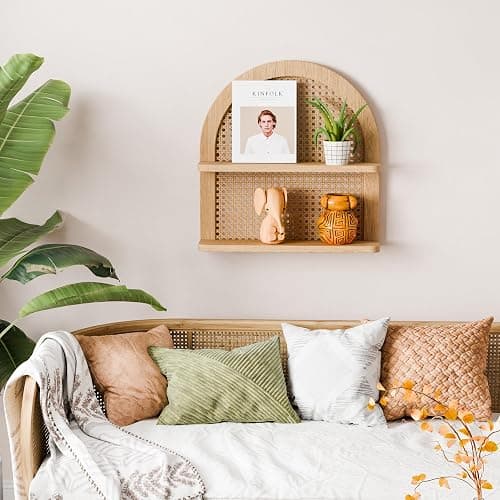 Eostbe Rattan Wall Shelf Boho Nursery Decor - 2-Tier Arched Woven Natural Wood Wicker Wall Shelf, 16''L Neutral Handcrafted Rattan Nursery Shelf, Decorative Shelf for Living Room,Bedroom & Bathroom thumbnail 8