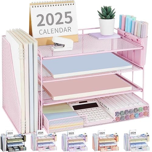 OPNICE Desk Organizer and Accessories, 4-Tier Desktop File Organizer with Drawer and 2 Pen Holders, Office Desk Accessories, File Sorters, Workspace Organizers for Office Supplies(Pink) - Image 1