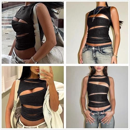MINGSEECESS Women Sexy Irregular Hollow Out Cutting Denim Crop Tank Top Sleeveless Back Zipper Vest Clubwear thumbnail 2