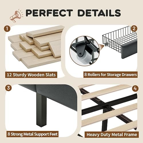 CypBed King Size Bed Frame with Headboard & 4-Storage Drawers, Upholstered | PU Leather Bed Frame with 3 USB & Type-C Charging Ports,Solid Wood Slats,No Box Spring Needed,Noise-Free,Black,Gift thumbnail 8