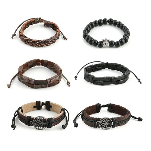 HZMAN Genuine Leather Tree of life Bracelets Men Women, Tiger Eye Natural Stone Lava Rock Beads Ethnic Tribal Elastic Bracelets Wristbands thumbnail 3