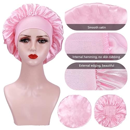 XRACEPHOL 2PCS Silk Bonnet for Sleeping Satin Bonnet Breathable Bonnets for Black Women Satin Hair Cap for Sleeping Wide Elastic Band Sleep Cap Hair Bonnet for Sleeping（Black+Pink） thumbnail 4