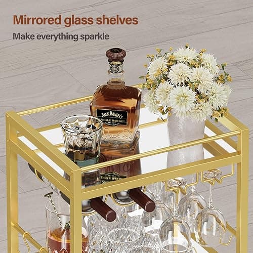 TUTOTAK Bar Cart, Home Bar Serving Cart with 3-Tier Mirrored Shelf, Drink Cart, Mobile Kitchen Shelf with Wine Rack, Gold BC01BB033 thumbnail 5