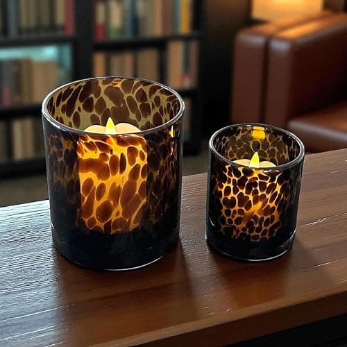 Hapton House Tortoise Shell Glass Candle Holder - Votive and Tealight Candle Holder - Leopard Print - Cheetah Print - Animal Print - Tortoiseshell - Candle Jar - Wedding - Holiday Decor - Small thumbnail 4