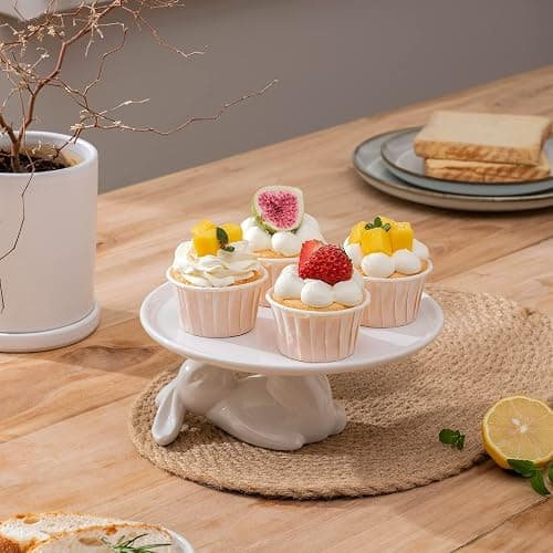 LA JOLIE MUSE Cupcake Stand, Easter Decorations, Ceramic Dessert Plates for Eggs and Cookies, Bunny Candy Dish Gifts, 8.3 Inch White thumbnail 4