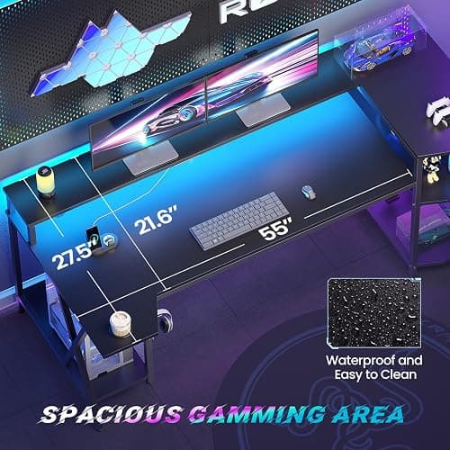 SEDETA Gaming Desk 70.8'' with LED Lights and Storage Shelves, Computer Desk with Monitor Stand, Power Outlets and Cup Holder, Large PC Gamer Desk, Gaming Table for Bedroom, Living Room, Black thumbnail 5