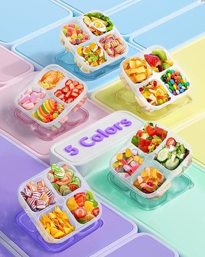 Canfanni 5 Pcs Bento Snack Containers, Reusable 4 Compartment Divided Food Storage Containers, Divided Lunchable Container for School, Work and Travel (All Transparent) thumbnail 2